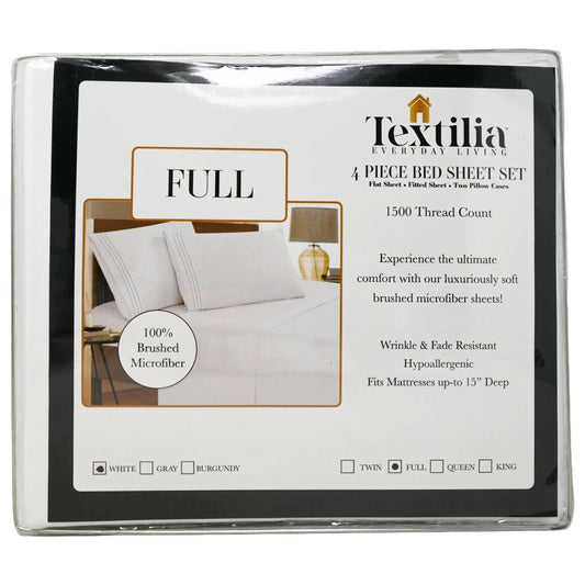 4pc White Full Sheet Set with Embroidered Pillow Cases (1500 Threat Count 100% Brushed Microfiber) C/P 12 Textilia Everyday Living