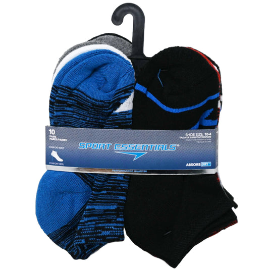 10pk KIDS BLUE SPORT ESSENTIALS RANDOM KNIT HC QTR SOCKS SIZE 6-8 C/P 60