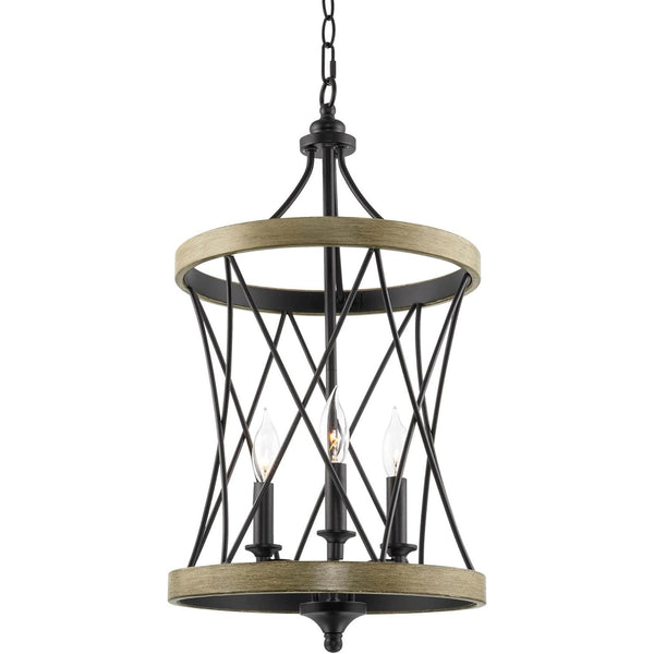 Evie 25" 3-Light Modern Farmhouse Pendant Light, Smoked Birch Wood Style + Black Finish C/P 1