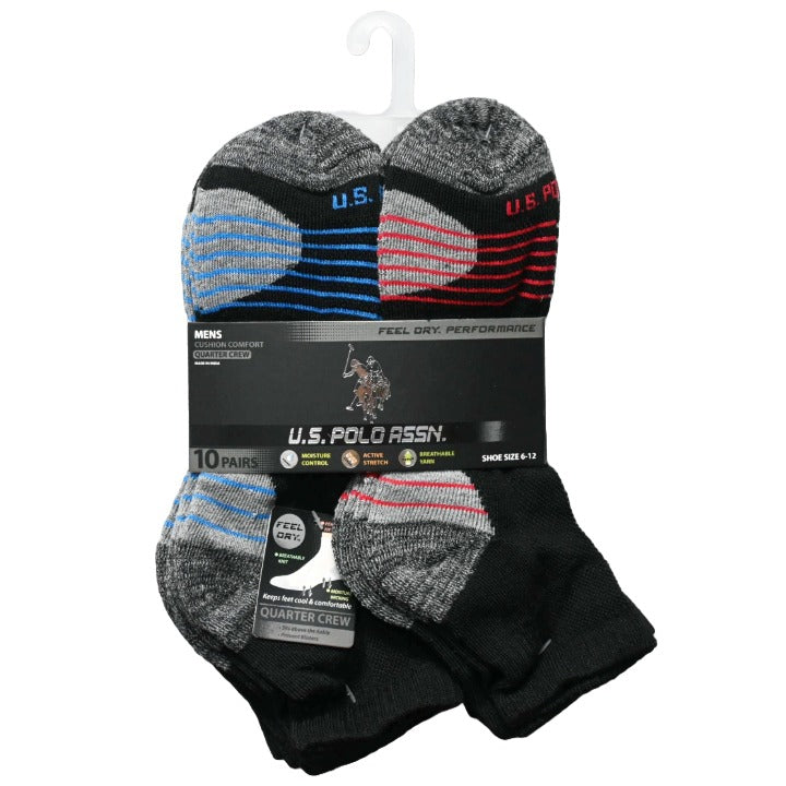 MENS 10PK QTR CREW CUSHION SIZE 6-12 BLACK BLUE GRAY RED CUSHION C/P 48 US POLO ASSN
