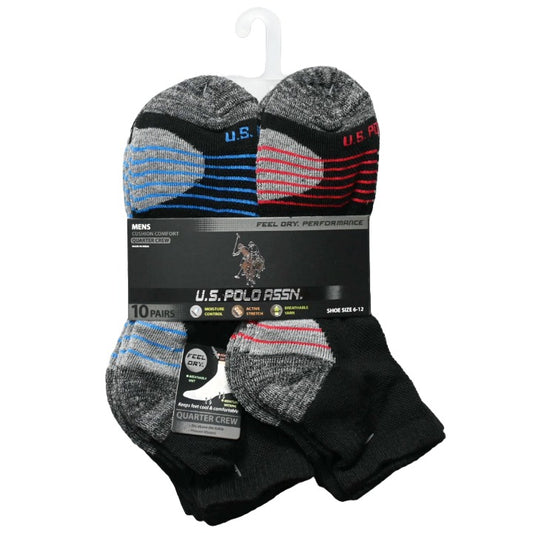 MENS 10PK QTR CREW CUSHION SIZE 6-12 BLACK BLUE GRAY RED CUSHION C/P 48 US POLO ASSN