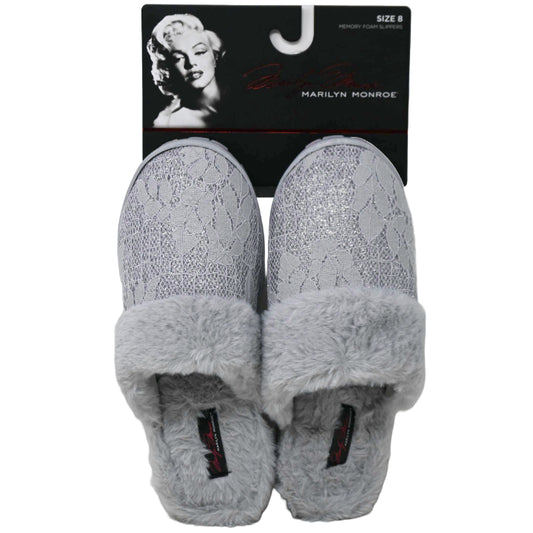 S-XL WOMEN GREY LACE & GLITTER SLIPPER W/FAUX FUR COLLAR MARILYN MONROE C/P 18