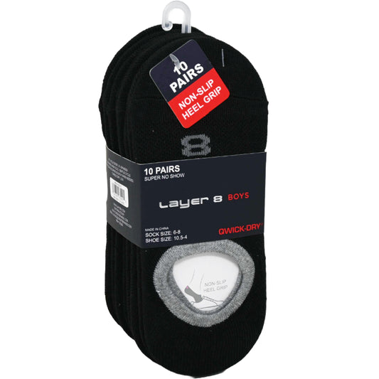 10pk LAYER 8 BLACK BOYS N/S SOCKS SIZE 6-8 C/P 60