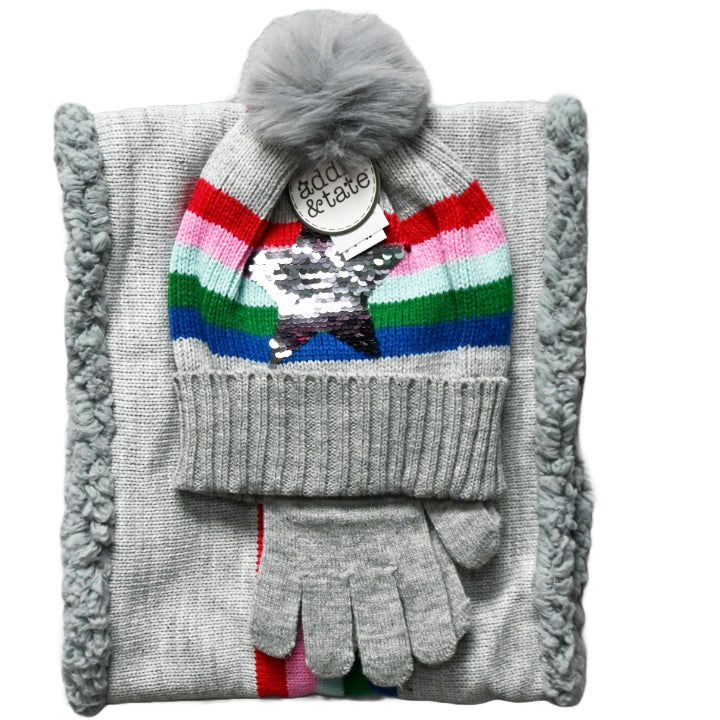 3pc CUFF HAT W/SEQUIN & FAUX FUR POM HAT/GLOVE/NECK WARMER SET C/P 48