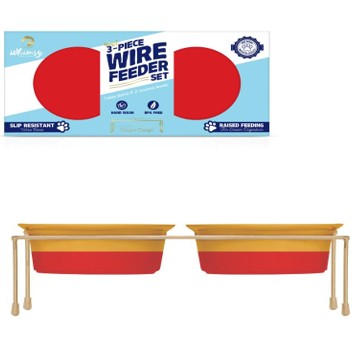 CERAMIC FEED BOWLS 6" W/WIRE STAND RED/ORANGE C/P 12