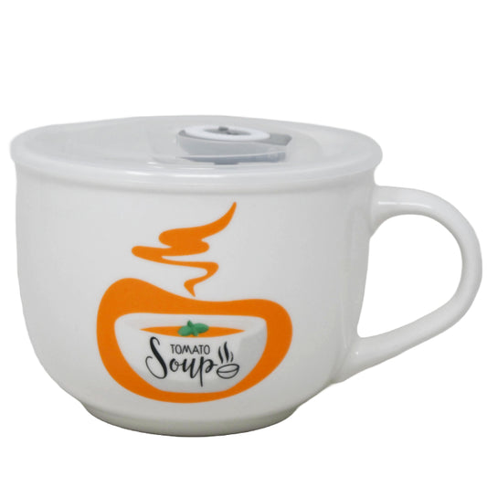 16oz "TOMATO SOUP" CERAMIC SOUP MUG W/VENTED LID AND DAY DOT C/P 36