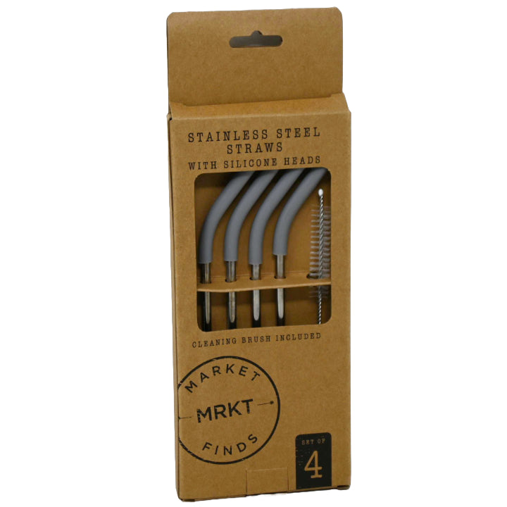 4pk Stainless Straws wGrey Sillicone Head and Cleaning Brush C/P 48
