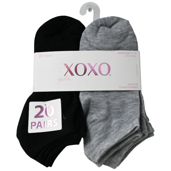 20pk Girls Blk Gry Wht LC Socks C/P 48 XOXO