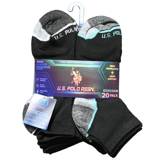 20pk MEN BLK NC QTR SOCKS U.S. POLO ASSN. ASST COLORS SIZE 6-12 C/P 48