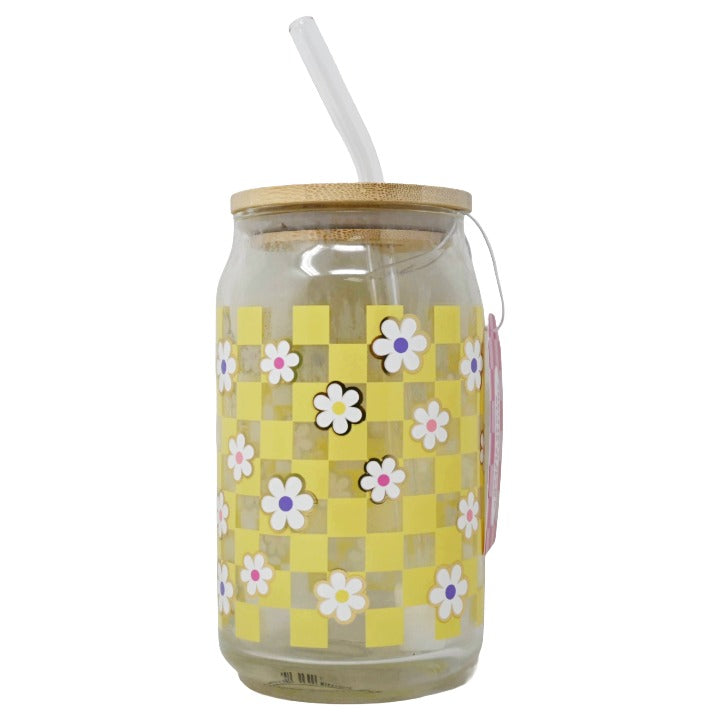 Checker Glass w/Straw Lid C/P 24