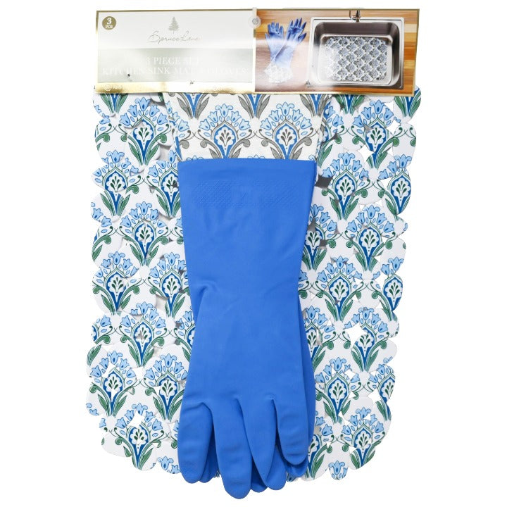 3pc Blu Fl Kitchen Mat Sil Glove Set C/P 24