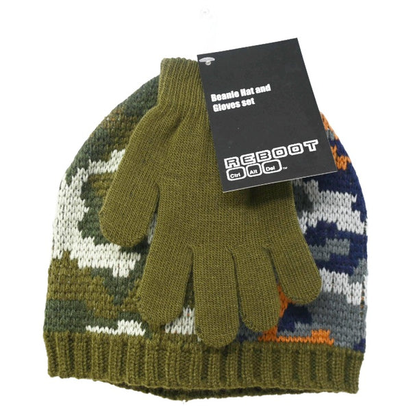 2pc Boys Green Orange Camo Hat Glove Set C/P 24