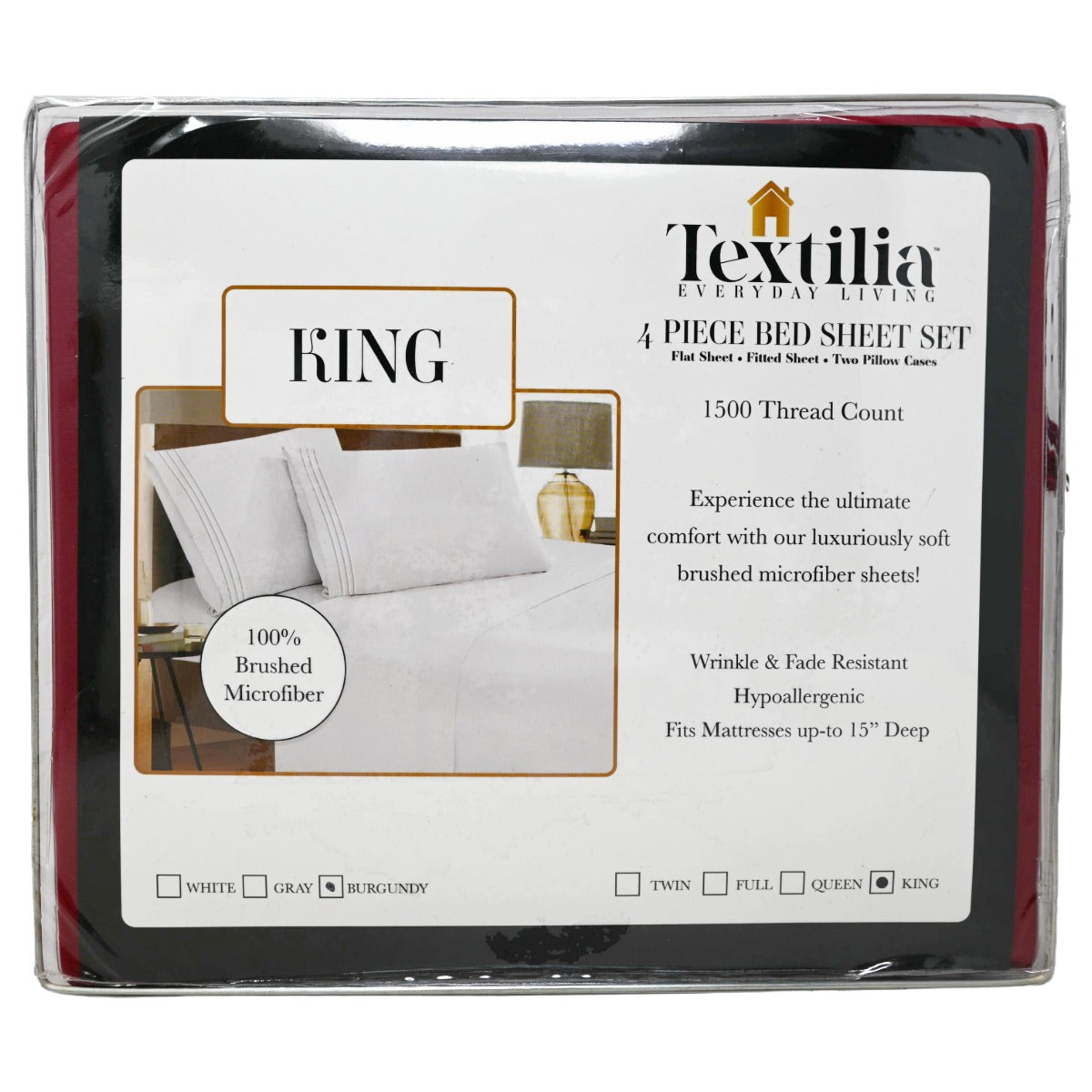 4pc Burg King Sheet Set with Embroidered Pillow Cases (1500 Threat Count 100% Brushed Microfiber) C/P 8 Textilia Everyday Living