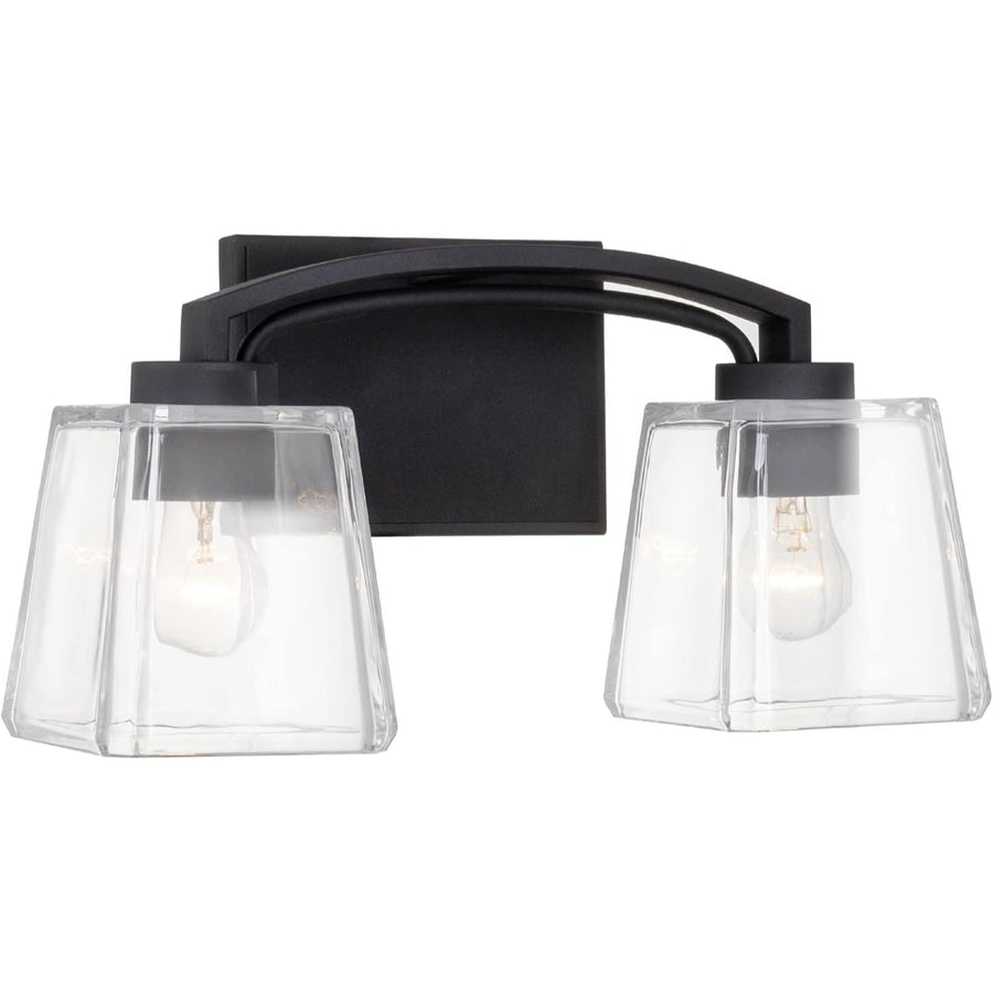 Claymont 14" 2-Light Farmhouse Vanity/Bathroom Light + Quality Cut Glass Shades, Sandblasted Black Finish C/P 1