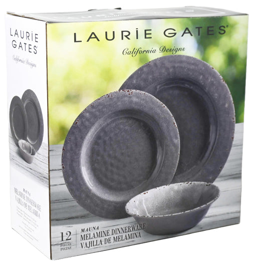 12pc LG MAUNA GREY DECORATED MELAMINE DINNERWARE SET C/P 1