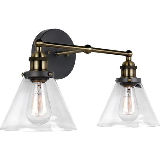 Indie 19" 2-Light Mid Century Modern Bathroom Light Fixture, Industrial Vanity Light Wall Sconce + Clear Funnel Flared Glass Shades, Antique Brass + Brushed Black Finish C/P 1