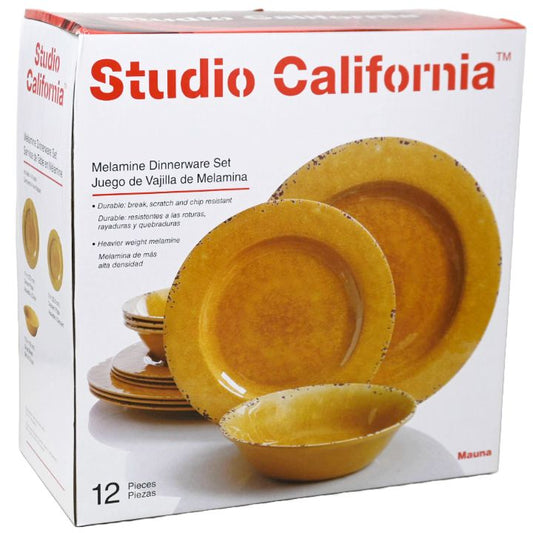 12pc LG MAUNA YELLOW CRACKLE LOOK DECAL MELAMINE DINNERWARE SET C/P 1