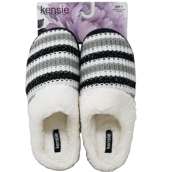 S-XL WOMEN BLK CHUNKY KNIT SHIMMER SLIPPER W/FAUX COLLAR KENSIE C/P 18