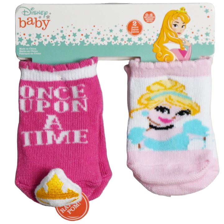 2pk 0-6m DISNEY BABY RATTLE POM PRINCESS SOCKS C/P 12