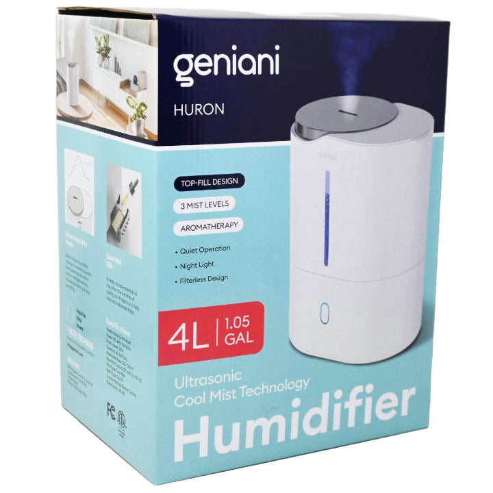 White Ultrasonic Cool Mist Humidifier for Bedroom, Large Rooms, Home - Easy Fill & Clean Humidifier w/Auto Shut-off, 40H Runtime - Geniani C/P 6