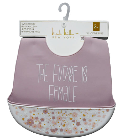 2pc Mauve"The Future Is Female" & Floral Print Silicone Bibs Nicole Miller C/P 60