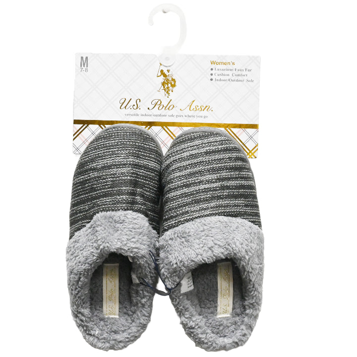 U.S. POLO ASSN. LADIES GRAY SLIPPERS WITH FUR C/P 24