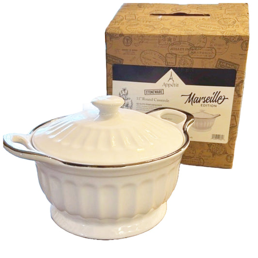 11" ROUND WHITE MARSEILLE STONEWARE W/LID C/P 6