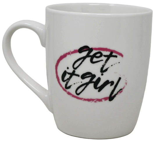 16oz White Bullet Mug: "Get It Girl" in Black inside a Hot Pink Circle C/P 36