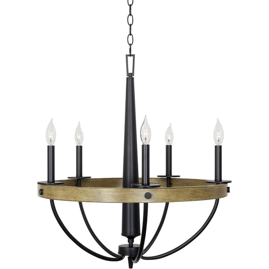 Madison 27" 5-Light Modern Rustic Farmhouse Light | Circular Open Design | Smoked Birch Wood Style & Black Finish C/P 1