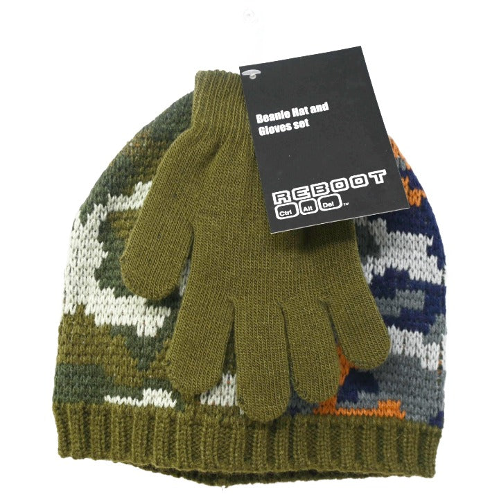2pc Boys Green Orange Camo Hat Glove Set C/P 24