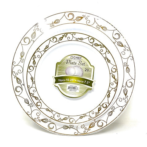 Chef Delicious PLATE SET 20PC WHITE W/ GOLD LINES C/P 12