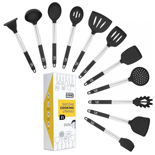 11pc KLEE BLACK HEAT-RESISTANT SILICONE KITCHEN UTENSIL SET W/STAINLESS STEEL HANDLES C/P 12