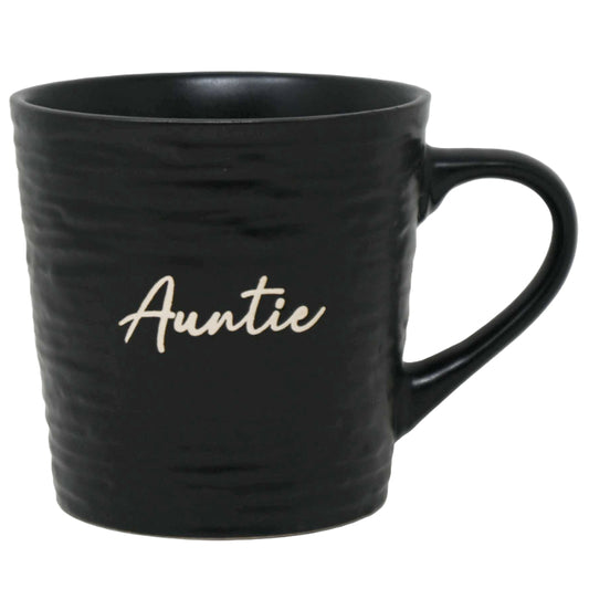 16oz Matte Black Mug with Embossed Pattern and Debossed "Aunt" C/P 24