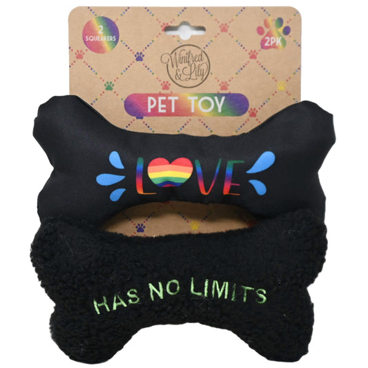 2 Pack Pet Toys - Woven Black Bone "Love" and Black Sherpa Bone and Green Writing "Has no Limits" C/P 24