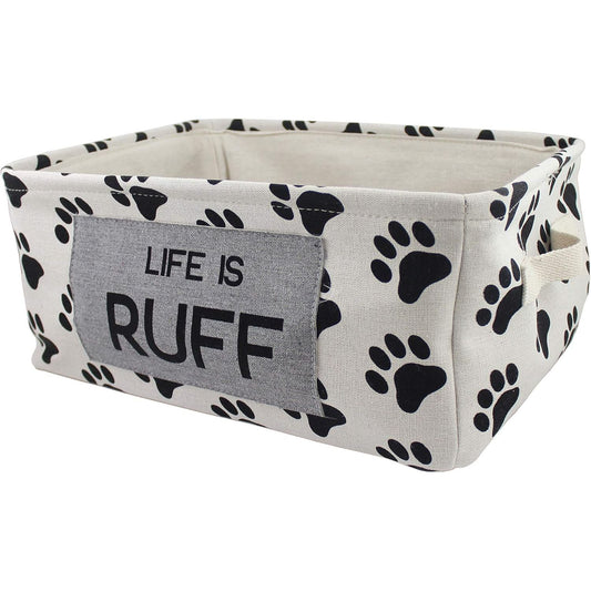 "AS IS" 17"x13"xH8 White/Black Paw Prints all Over "Life Is RUFF" in Grey Rectangle Pet Storage Bin C/P 12