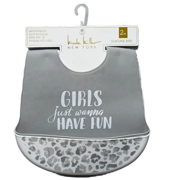 2pc Gray "Girls Just Wanna Have Fun" & Leopard Skin Print Silicone Bibs Nicole Miller C/P 60