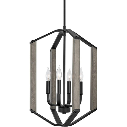 Montgomery 22" 4-Light Rustic Farmhouse Pendant Light Chandelier, Gray Oak Wood Style + Black Finish C/P 1