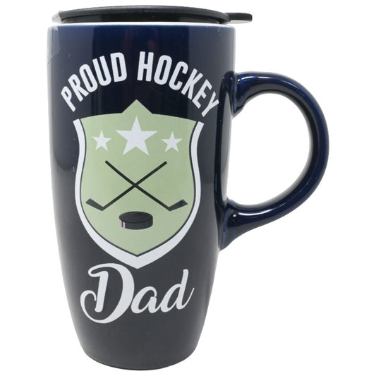 CERAMIC BLUE HOCKEY DAD TRAVEL CUP W/LID C/P 24