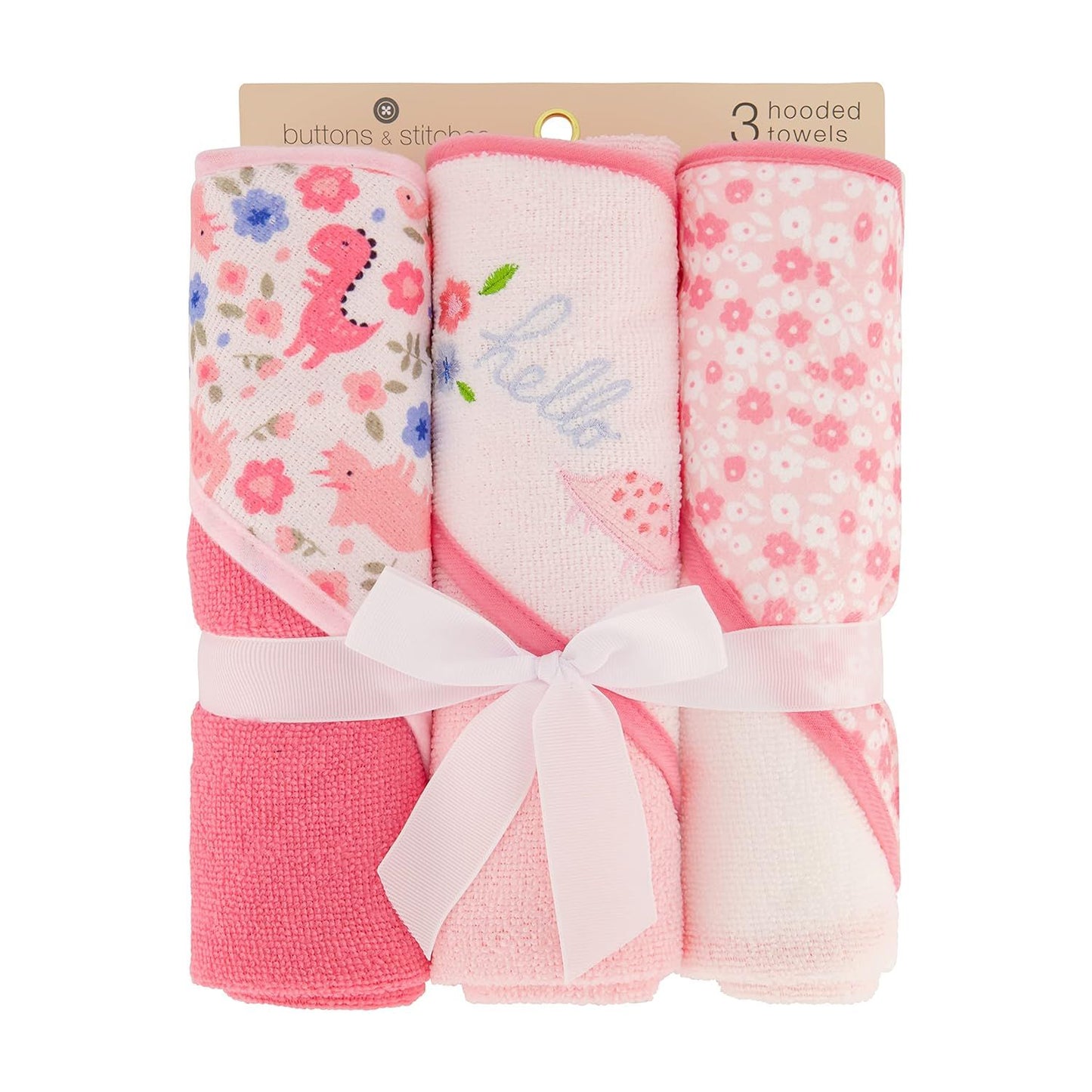 3pk ROLLED HOOED TOWEL -HELLO FLORAL DINO C/P 24