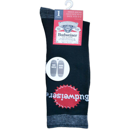 1pr BUDWEISER BLK MEN CREW SOCKS SIZE 10-13 C/P 60
