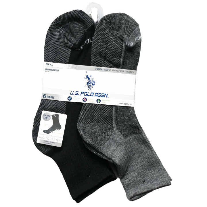 MENS 6PK HIGH QTR CREW CUSHION SOCKS SIZE 6-12 BLACK GRAY C/P 48