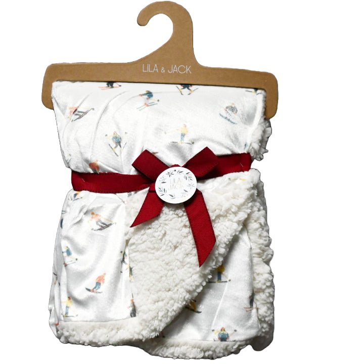 1pc 30x40" White Ground Skiers Print Mink/Sherpa Blanket C/P 48