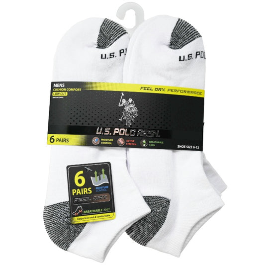 6pk MEN'S WHITE L/C CUSHION SOCKS SIZE 6-12 U.S. POLO ASSN. C/P 48