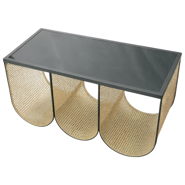 Black Table Mirror Finish Metal Rattan Inlay 17.8"Hx33.8"Lx15.3"W C/P 1
