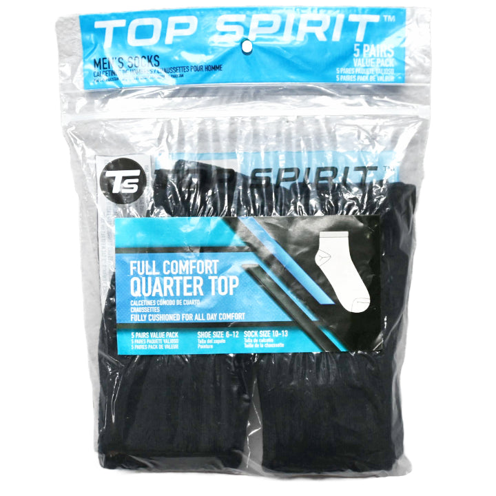 5pk BLACK FULL CUSHIONED QUARTER SOCKS C/P 48