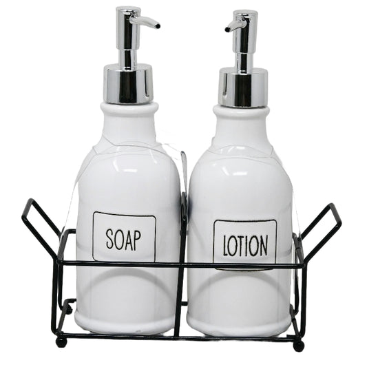 Ceramic Bath Soap and Pump with Metal Base - "Soap" and "Lotion" C/P 12