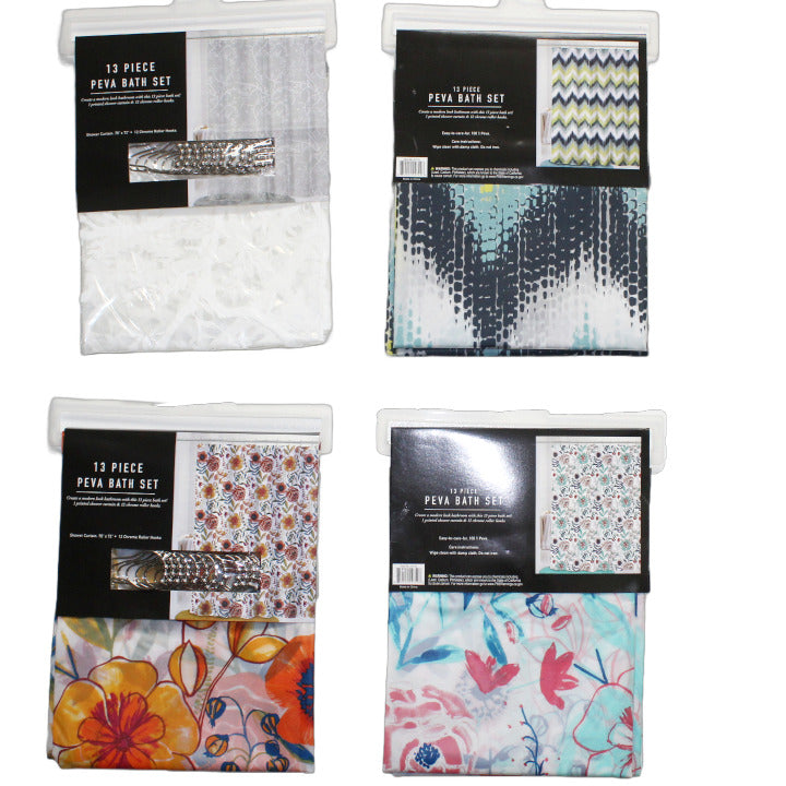 72" X 72" Printed PEVA Shower Curtain with metal hooks, 4 asst colors, Vendor #PY1258 C/P 24