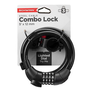 SCHWINN STEEL CABLE COMBO LOCK WITH LIGHT C/P 3