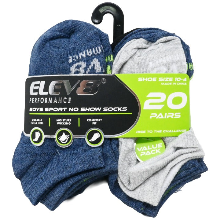 20pk Boys 7-10 Asst No Show Non Cush Socks C/P 30 ELEV8