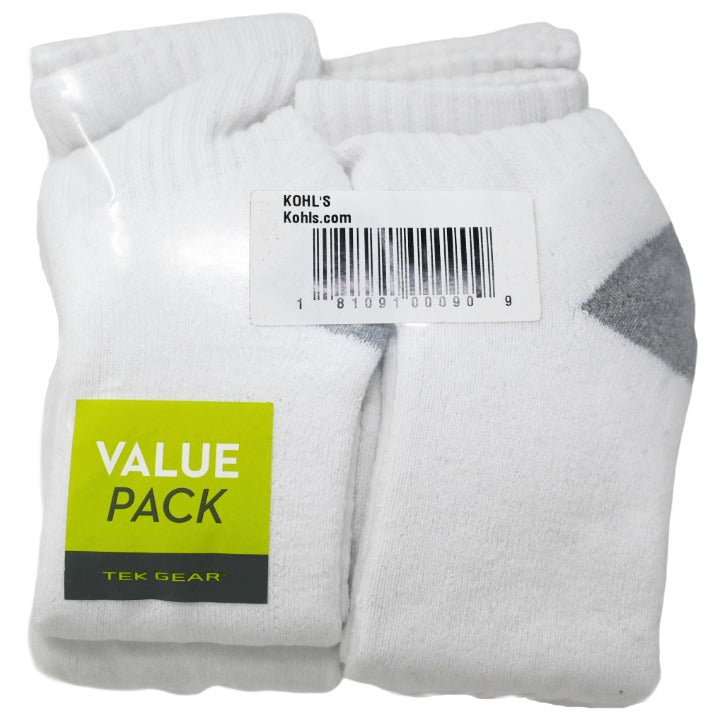 *NO USA* Mens XL WHITE WITH GREY  10pk Tek Gear Athletic Quarter Socks C/P 6